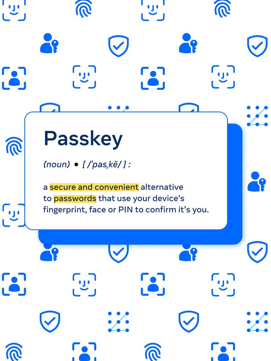 MetaNewsroom's tweet image. Word of the week: Passkey.
An easier and more secure alternative to a password, now available on @facebook and soon, @messenger.