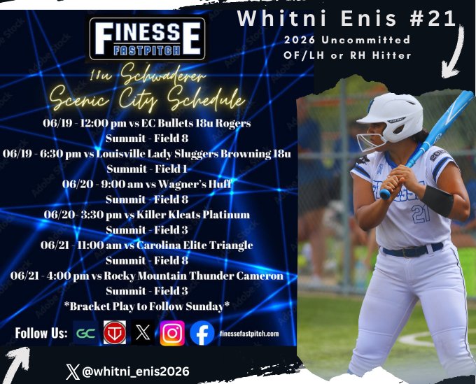 Whitni Enis (@whitni_enis2026) on Twitter photo Great 3 days at <a href="/USFSoftball/">USF Softball</a> prospect camp! Thank you to the coaches for a great camp experience! I learned a lot, enjoyed the competition, and appreciated the opportunity to grow as a player. #hornsup Now off to Scenic City!
<a href="/SBCoachNavi/">Lisa Navas</a>
<a href="/FinesseSchwader/">Finesse Schwaderer</a> <a href="/SBRRetweets/">Softball Recruiting Reposts</a> Great 3 days at <a href="/USFSoftball/">USF Softball</a> prospect camp! Thank you to the coaches for a great camp experience! I learned a lot, enjoyed the competition, and appreciated the opportunity to grow as a player. #hornsup Now off to Scenic City!
<a href="/SBCoachNavi/">Lisa Navas</a>
<a href="/FinesseSchwader/">Finesse Schwaderer</a> <a href="/SBRRetweets/">Softball Recruiting Reposts</a>