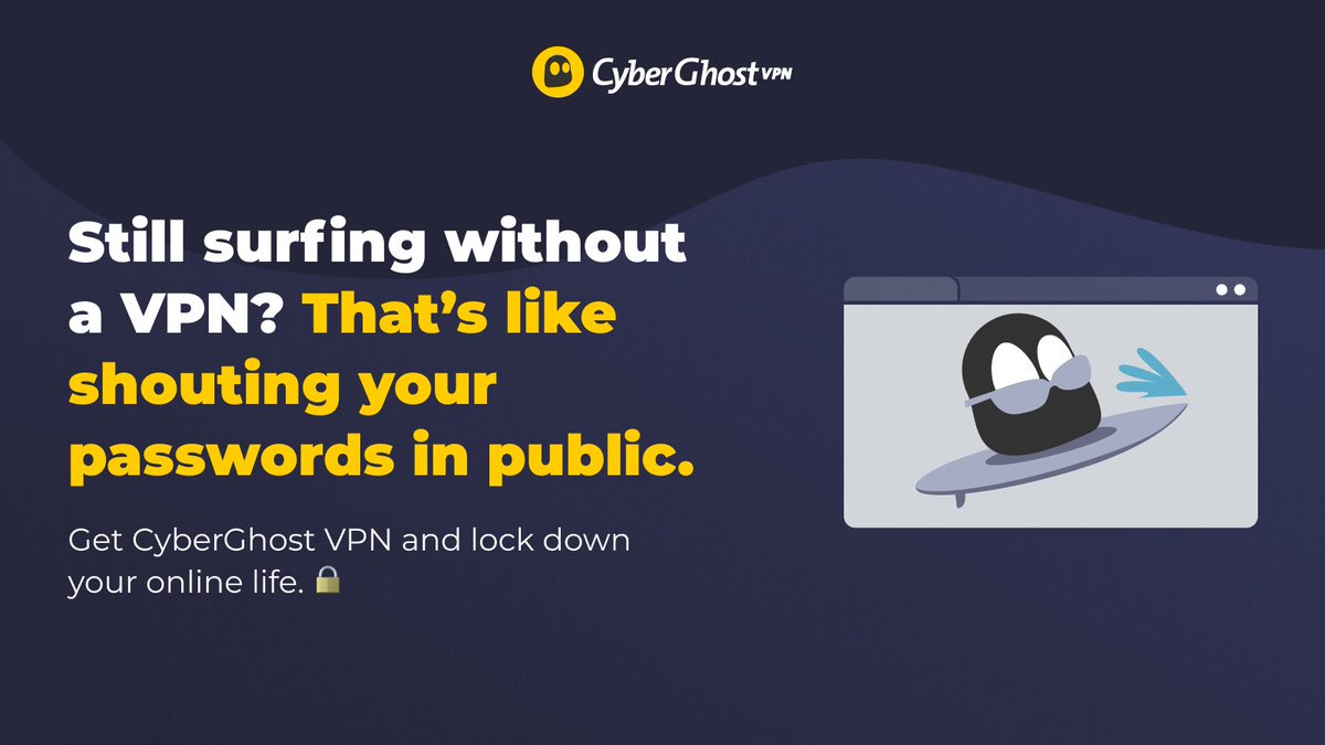 Keep the eavesdroppers out and your data yours.
Get CyberGhost VPN and surf like no one’s watching. 🔒
cyberghostvpn.com/?utm_content=1…
