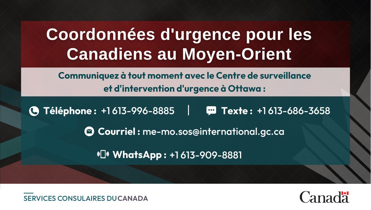 Voyage.gc.ca (@voyagegdc) on Twitter photo ❗ L’aide consulaire d'urgence du Canada est disponible 24h/24, 7j/7, sans heure d'ouverture ni d'heure de fermeture. Si vous êtes un Canadien au #MoyenOrient et que vous avez besoin d'aide d'urgence, veuillez communiquer avec nous en tout temps à: me-mo.sos@international.gc.ca ❗ L’aide consulaire d'urgence du Canada est disponible 24h/24, 7j/7, sans heure d'ouverture ni d'heure de fermeture. Si vous êtes un Canadien au #MoyenOrient et que vous avez besoin d'aide d'urgence, veuillez communiquer avec nous en tout temps à: me-mo.sos@international.gc.ca
