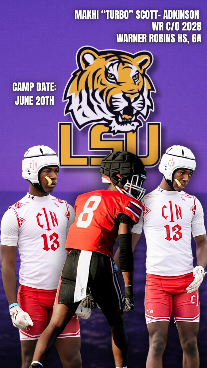 Makhi “TURBO” Scott-Adkinson 2028’ (@makhiscott478) on Twitter photo I will be <a href="/LSUfootball/">LSU Football</a> Friday for FNL Camp! Look forward to learn and put in some work!
<a href="/robinsfootball1/">Warner Robins Football</a> <a href="/On3Recruits/">On3 Recruits</a>
<a href="/CoachMont14/">Brett Montgomery</a> <a href="/RecruitGeorgia/">Recruit Georgia</a>
<a href="/Battle/">Battle Sports</a>
<a href="/Coach_Hankton/">Cortez Hankton Jr.</a>
<a href="/247recruiting/">247Sports Recruiting</a>
<a href="/PrepRedzoneGA/">Prep Redzone Georgia</a>
<a href="/UANextFootball/">All-America Game</a> I will be <a href="/LSUfootball/">LSU Football</a> Friday for FNL Camp! Look forward to learn and put in some work!
<a href="/robinsfootball1/">Warner Robins Football</a> <a href="/On3Recruits/">On3 Recruits</a>
<a href="/CoachMont14/">Brett Montgomery</a> <a href="/RecruitGeorgia/">Recruit Georgia</a>
<a href="/Battle/">Battle Sports</a>
<a href="/Coach_Hankton/">Cortez Hankton Jr.</a>
<a href="/247recruiting/">247Sports Recruiting</a>
<a href="/PrepRedzoneGA/">Prep Redzone Georgia</a>
<a href="/UANextFootball/">All-America Game</a>