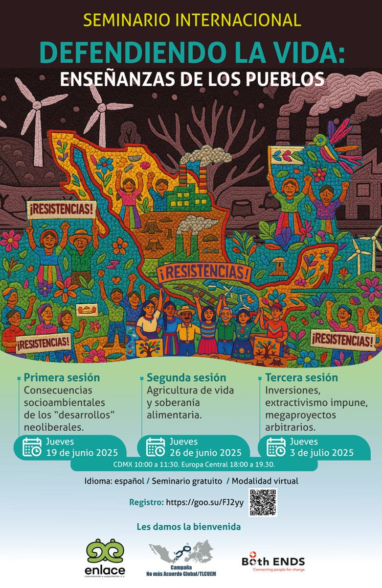 MXREMA's tweet image. 🌱 ¡Inscríbete al Seminario Internacional Defendiendo la Vida!
3 sesiones para hacer análisis y conocer a las luchas de los pueblos frente al extractivismo y el mal llamado “desarrollo”.
🗓️ 19 y 26 de junio, 3 de julio
🕙 10:00 CDMX
📍 Registro: goo.su/FJ2yy