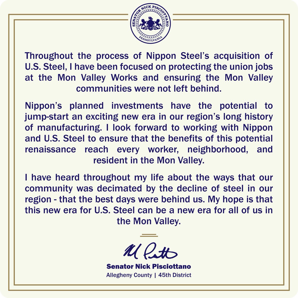 📢 Read my full statement in response to the announcement that Nippon Steel Corporation finalized its acquisition of U.S. Steel ➡️ pasenatornick.com/senator-piscio…