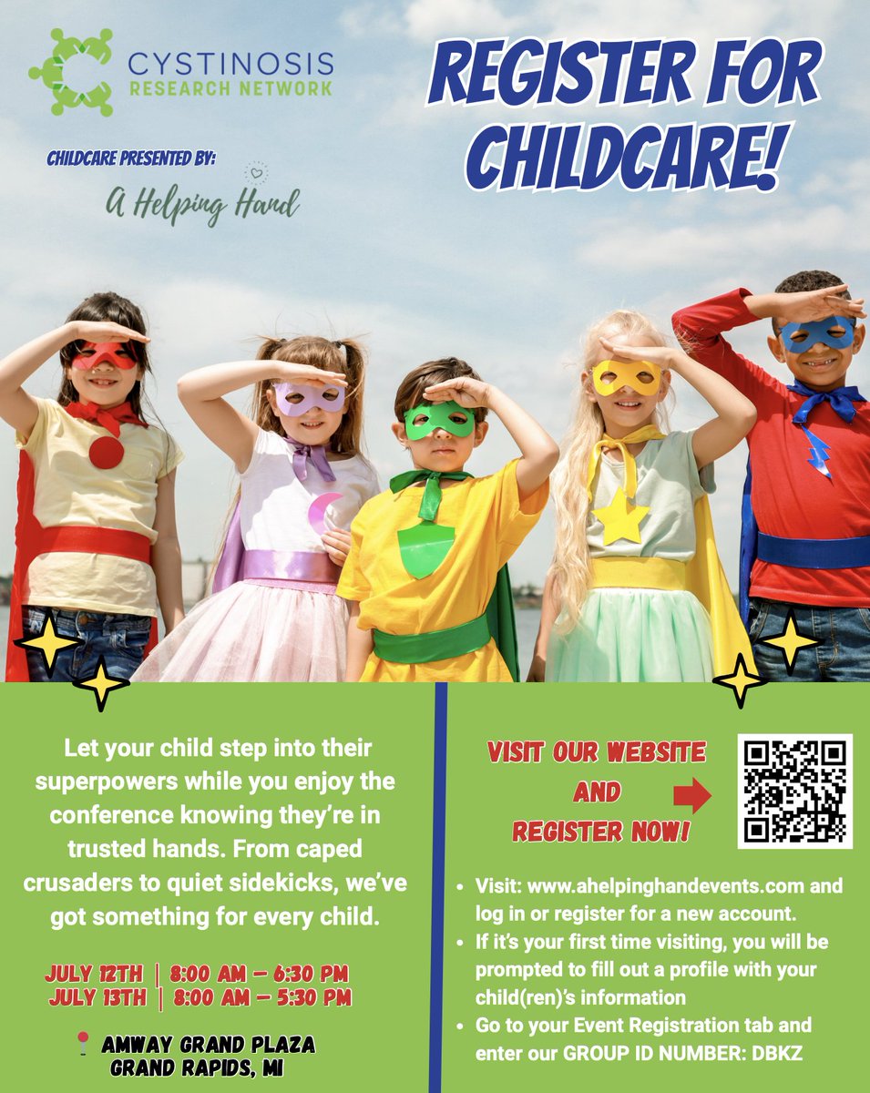 Cystinosis CRN (@cystinosiscrn) on Twitter photo *IMPORTANT ANNOUNCEMENT* for those using childcare at the 2025 CRN conference. Families already registered for the conference, please sign up your child(ren) for the childcare program through A Helping Hand at ahelpinghandevents.com ?s email Chelsea @ chelseam@cystinosis.org *IMPORTANT ANNOUNCEMENT* for those using childcare at the 2025 CRN conference. Families already registered for the conference, please sign up your child(ren) for the childcare program through A Helping Hand at ahelpinghandevents.com ?s email Chelsea @ chelseam@cystinosis.org
