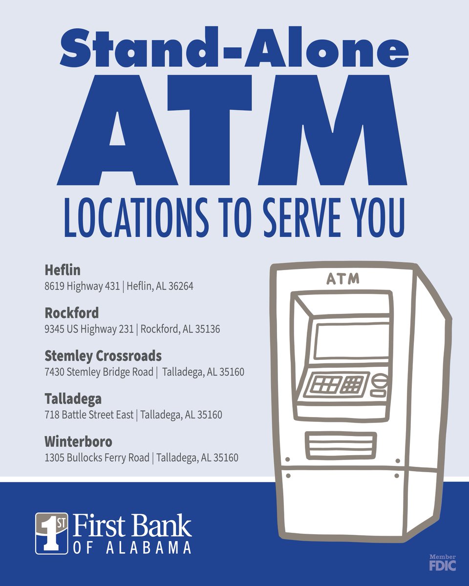📍 Need quick, convenient access to cash? First Bank of Alabama has you covered with Stand-Alone ATMs at these locations in Heflin, Rockford, Stemley Crossroads, Talladega and Winterboro.

Bank on your schedule—anytime, anywhere! #localbanking