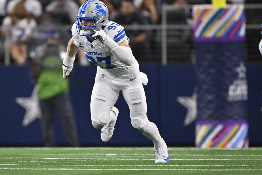 AIDAN HUTCHINSON, <a href="/Lions/">Detroit Lions</a> DE - In 2024 led the Lions with 7.5 sacks while playing 5 games - the fewest games played to lead a team in sacks in any non-strike season in NFL history (Per NFL) #OnePride #Lions #Detroit #NFL #NFLUK #NFL2025 #nflnews #NFLPicks #NFLDraft