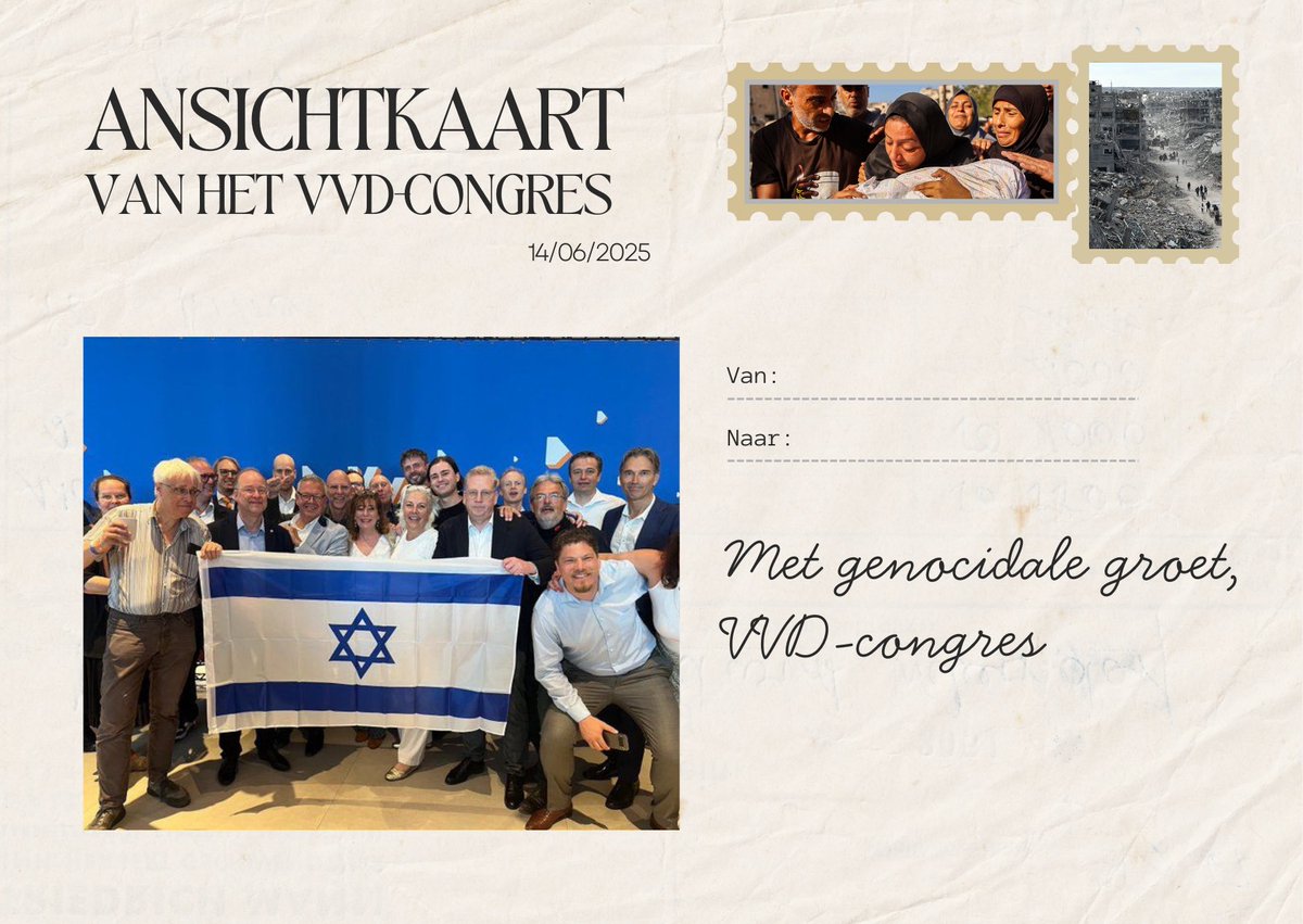 dknergin's tweet image. Naast het WNL-jaarlidmaatschap nu ook verkrijgbaar op het VVD-congres: de genocidale-groet-ansichtkaart.
Trots poseren met de vlag van Israel op het partijcongres? Het kan allemaal bij de @VVD