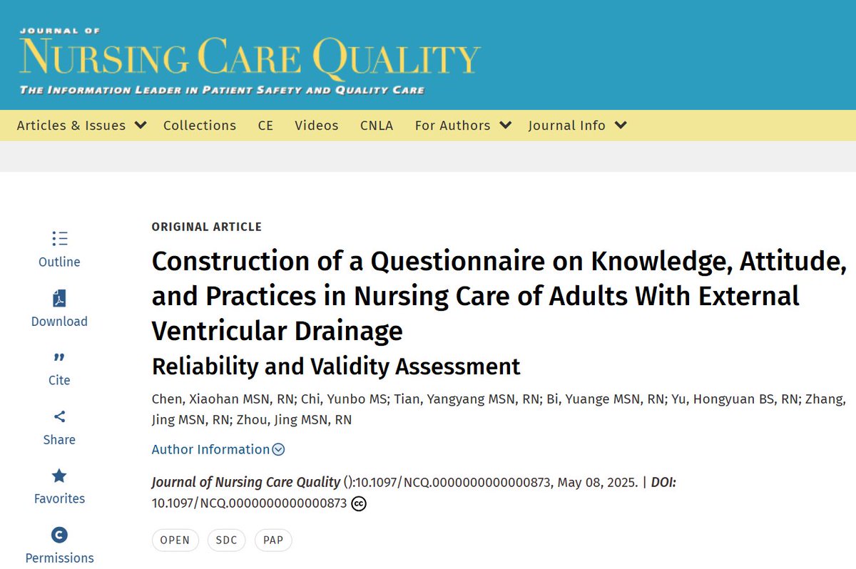 "Construction of a Questionnaire on Knowledge, Attitude, and Practices in Nursing Care of Adults With External Ventricular Drainage: Reliability and Validity Assessment"

Nurses’ KAP regarding  EVD significantly impact patient care quality.

tinyurl.com/s53ue7ct