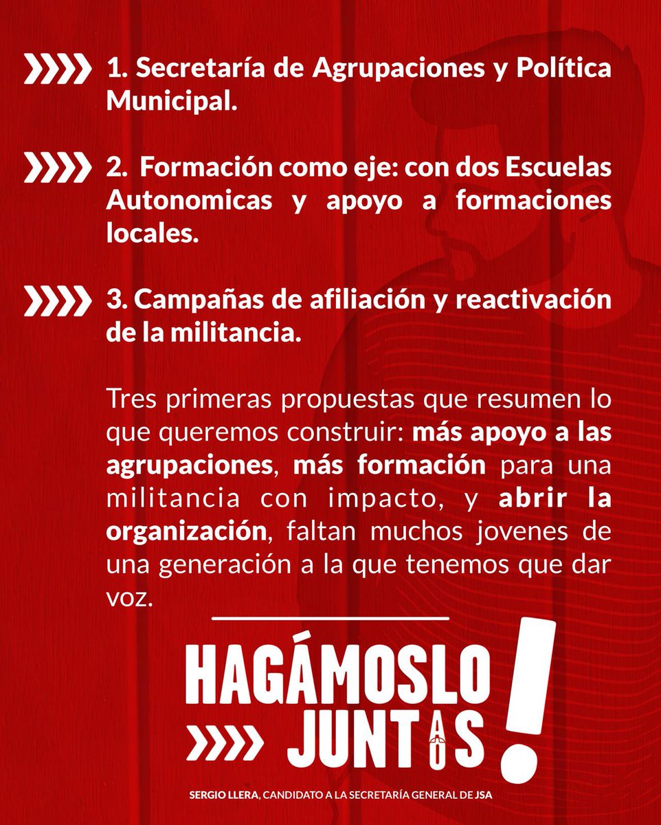🌹 Tres propuestas para una JSA más fuerte:

🔴 Secretaría de Agrupaciones
📚 Formación como eje
🧭 Afiliación y reactivación

Propuestas para abrir, reforzar y transformar Juventudes desde dentro.

Hagámoslo juntas y juntos.

📌 PD: Seguimos pendientes de un debate.