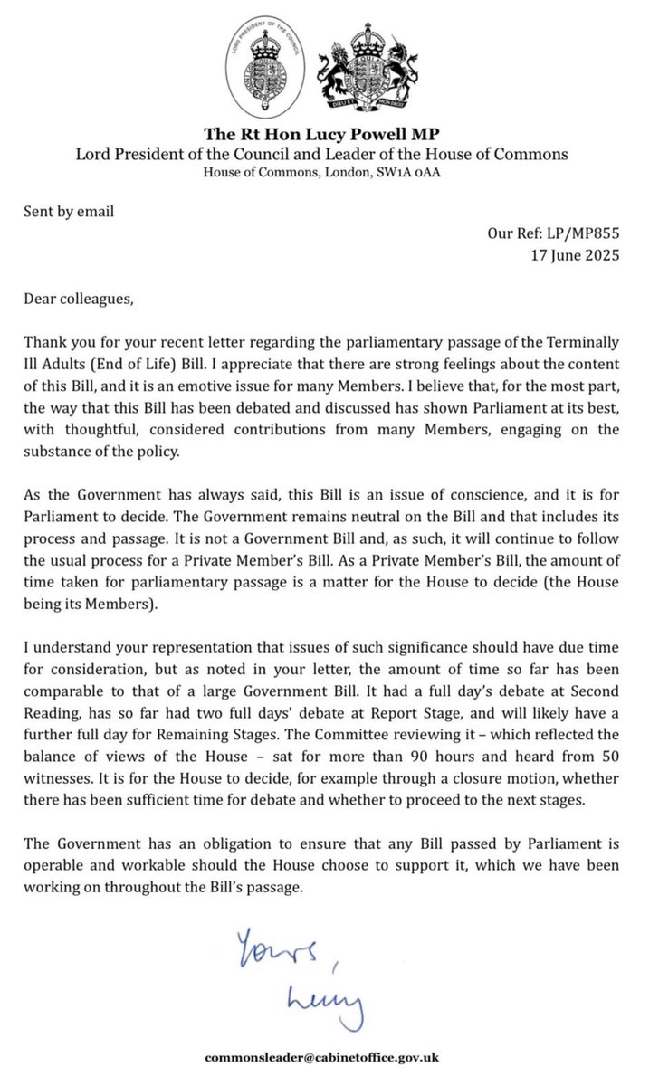 PaulBrandITV's tweet photo. NEW: Leader of the House Lucy Powell has responded to Labour MPs who called for more time to debate the assisted dying bill, refusing to extend the timetable.

She says it’s not a matter for govt but the house and the debate has already lasted as long as a major govt bill would. https://t.co/evzb8RrZNT