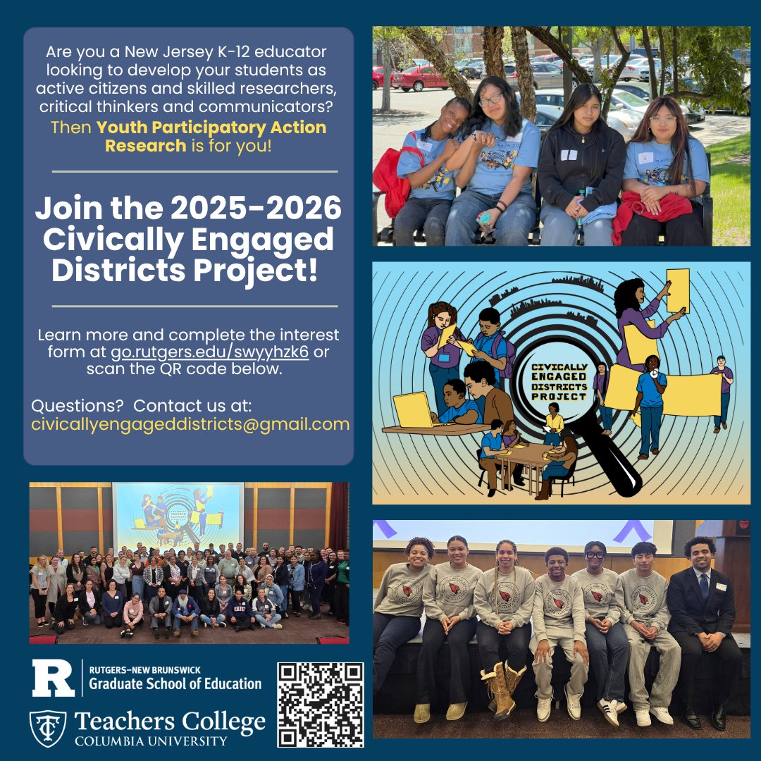 RutgersGSE's tweet image. Are you an NJ K-12 educator looking to develop your students as active citizens and skilled researchers, critical thinkers, and communicators?
Join the 2025-2026 Civically Engaged Districts Project! Learn more and complete the interest form: go.rutgers.edu/swyyhzk6