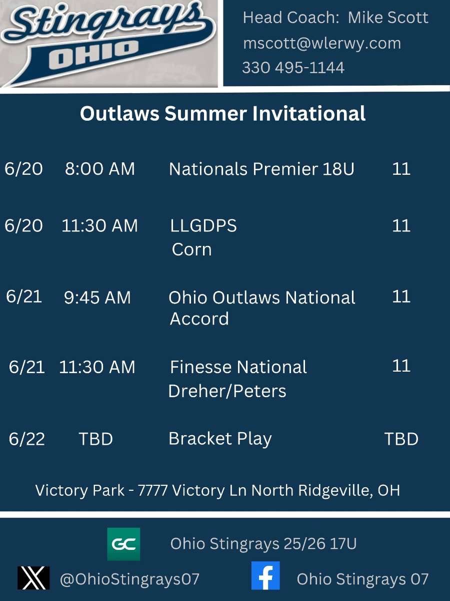 Brielle Raus 2025 (@brielleraus) on Twitter photo We are playing in the Outlaws Summer Invitational this weekend making this our last time we play at Victory Park for the summer! :( If you want to watch some talented girls and great competition, here is our schedule!๐ <a href="/UFOilerSoftball/">Findlay Softball</a> <a href="/DloweOilerkid/">Danielle Lowe</a> <a href="/OhioStingrays07/">Ohio Stingrays 07</a> We are playing in the Outlaws Summer Invitational this weekend making this our last time we play at Victory Park for the summer! :( If you want to watch some talented girls and great competition, here is our schedule!๐ <a href="/UFOilerSoftball/">Findlay Softball</a> <a href="/DloweOilerkid/">Danielle Lowe</a> <a href="/OhioStingrays07/">Ohio Stingrays 07</a>