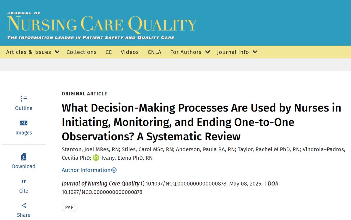 "What Decision-Making Processes Are Used by Nurses in Initiating, Monitoring, and Ending One-to-One Observations? A Systematic Review"

Most of the tools reported were local initiatives designed to reduce or optimize the use of one-to-one observations.

tinyurl.com/yc2zvztc