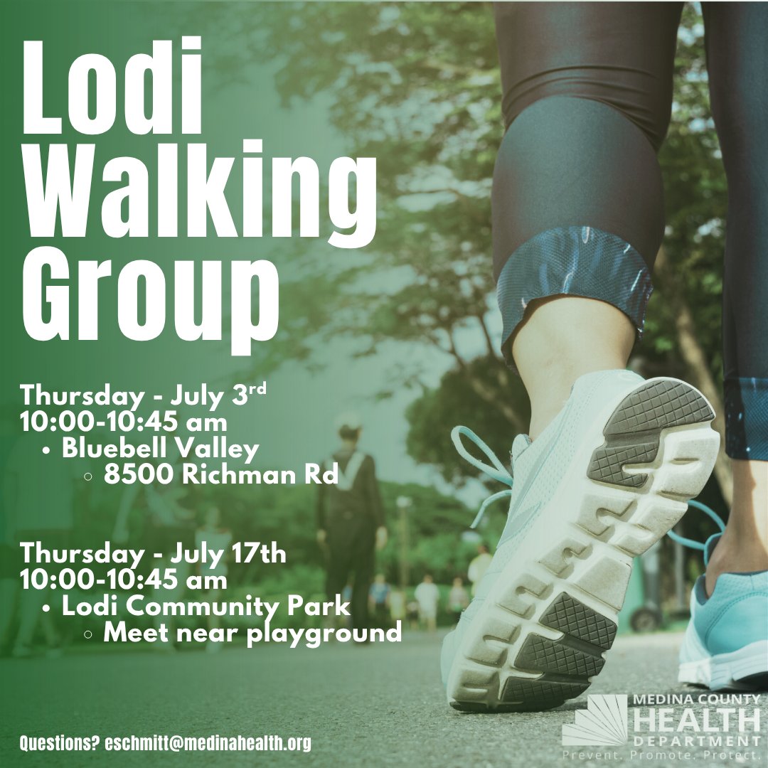 Tighten those laces and get ready to move!

Bring a friend and join our Lodi Walking Group this summer!

📅Thursday July 3rd 
📍Bluebell Valley - 8500 Richman Road
🕙10:00-10:45 am

📅Thursday - July 17th
📍 Lodi Community Park
🕙10:00-10:45 am

Free and open to the public!