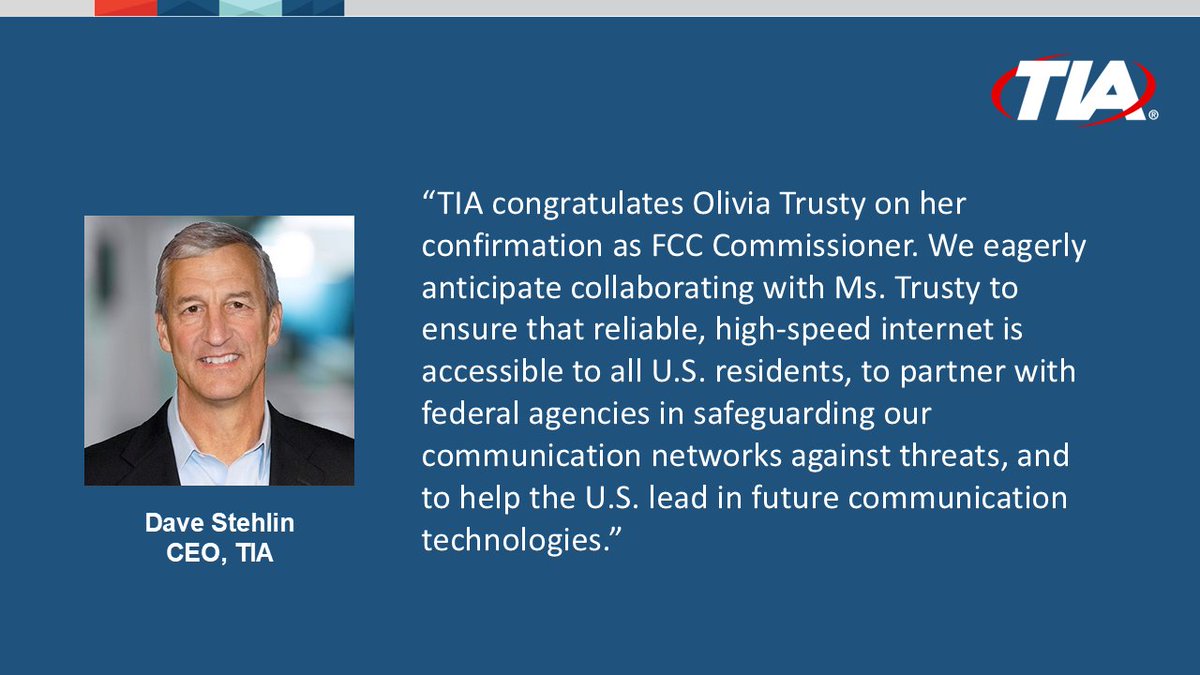 TIA issues statement on confirmation of Olivia Trusty as FCC Commissioner.
