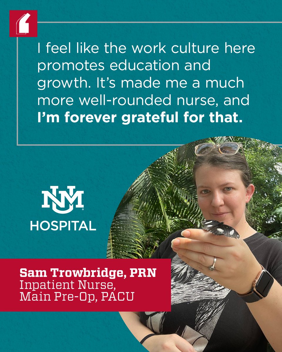 UNMH Jobs (@unmhjobs) on Twitter photo What makes this such a great place to build your career? For Sam, the opportunities and support at New Mexico’s only academic medical center have encouraged growth—professionally and personally. Learn more about Sam’s journey with us: bit.ly/3TsxCaS What makes this such a great place to build your career? For Sam, the opportunities and support at New Mexico’s only academic medical center have encouraged growth—professionally and personally. Learn more about Sam’s journey with us: bit.ly/3TsxCaS