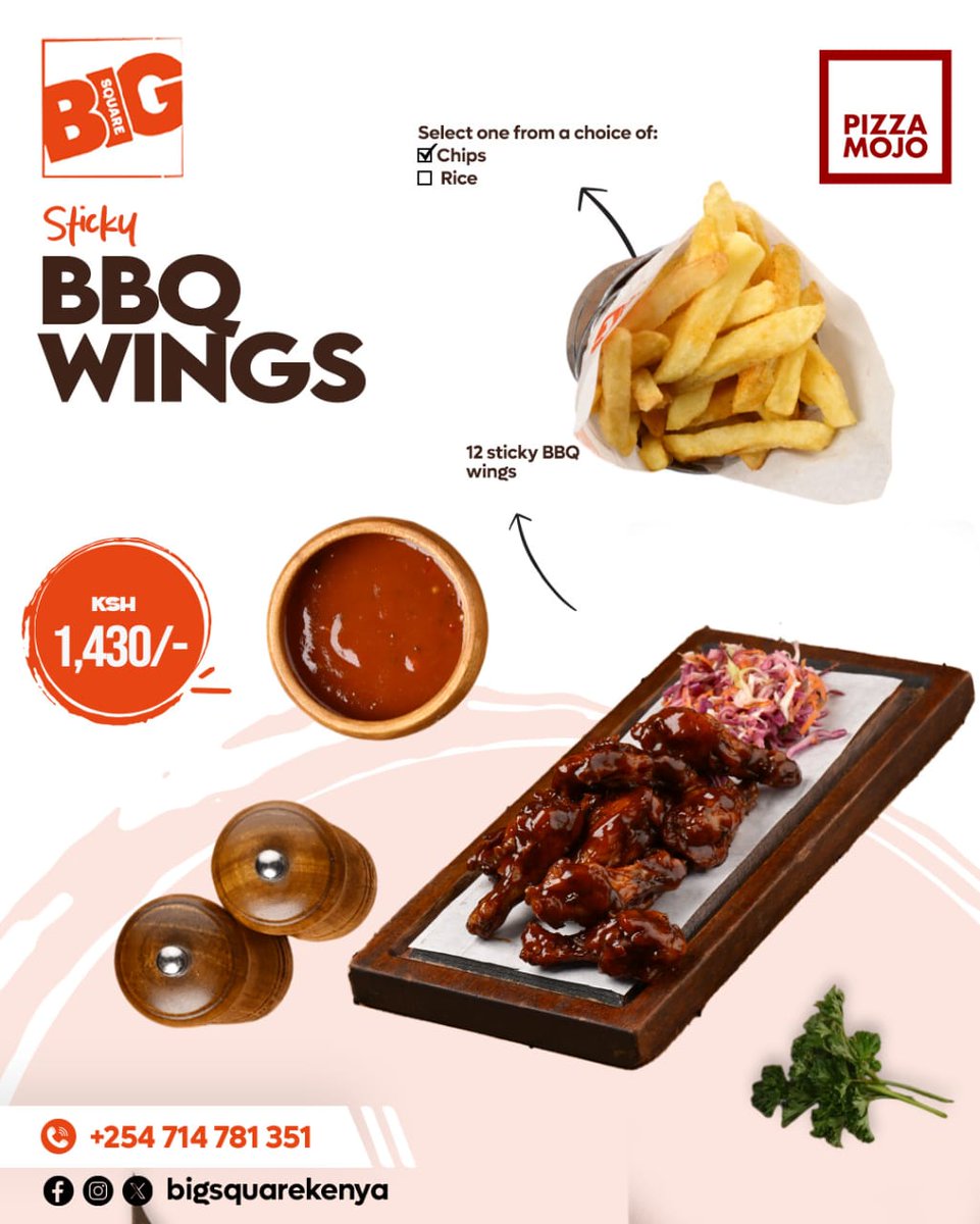 Craving something that hits all the right spots? 😋
Our 12 Sticky BBQ Wings are glazed to perfection — rich, smoky, and sweet. 🍗
Paired with golden, crispy fries .
All that goodness for just Ksh 1430? Yes please.
Come get messy — it's worth it. 🔥
#BigSquareEats #StickyBBQWings