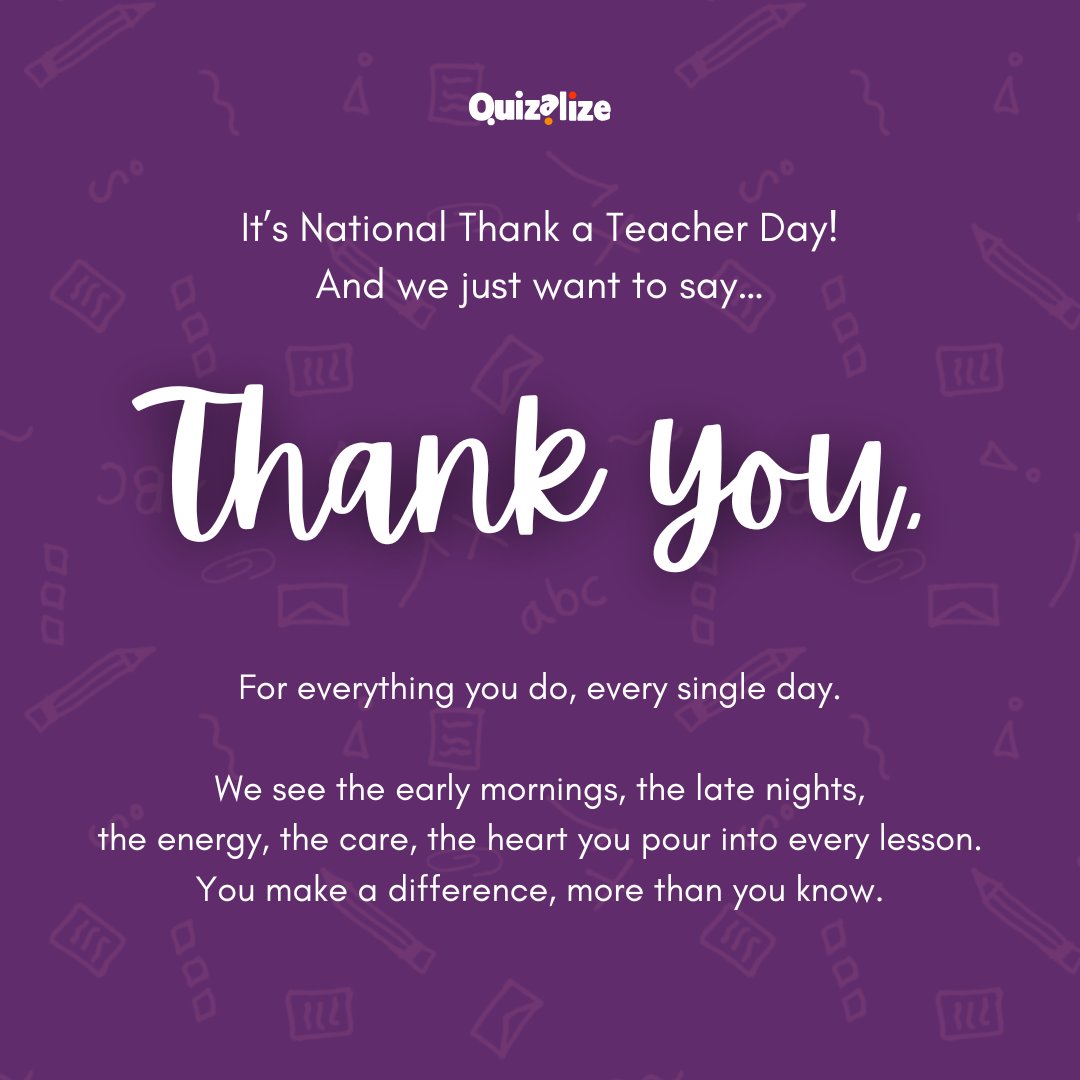 Quizalize (@quizalizeapp) on Twitter photo ๐๐ Itโs #NationalThankATeacherDay โ but letโs be real, one day isnโt enough.
You inspire. You open minds. You change lives.
From all of us at #Quizalize, thank you for everything you do. ๐ก๐ฆธโโ๏ธ
We built this for you.
#ThankATeacher #TeachersMatter #EdTech #SupportingTeachers ๐๐ Itโs #NationalThankATeacherDay โ but letโs be real, one day isnโt enough.
You inspire. You open minds. You change lives.
From all of us at #Quizalize, thank you for everything you do. ๐ก๐ฆธโโ๏ธ
We built this for you.
#ThankATeacher #TeachersMatter #EdTech #SupportingTeachers