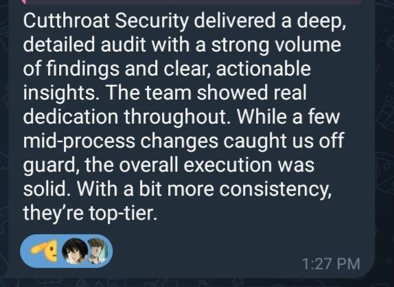 May to mid-June was a busy period for @cutthroat_sec — we successfully concluded 3 private audits in collaboration with reputed Web3 security firms. Our team has been consistently receiving positive reviews and appreciation for the quality of our work 🫡