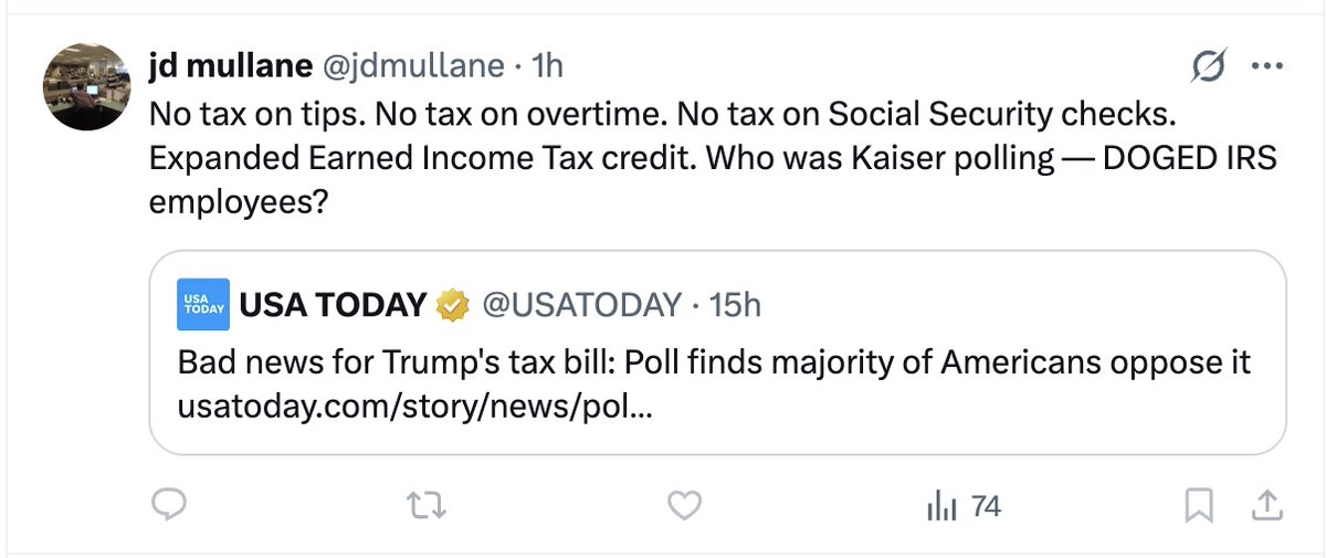 This is funny. <a href="/USATODAYNETWORK/">USA TODAY NETWORK</a> reporter <a href="/jdmullane/">jd mullane</a> at Bucks County's <a href="/TheIntellNews/">Bucks County Courier Times</a> can't figure out why 64% of Americans oppose Trump and the GOP's tax bill which will gut $1 trillion from Medicaid and SNAP so that rich people can get massive tax cuts. But JD is MAGA guy so🙄