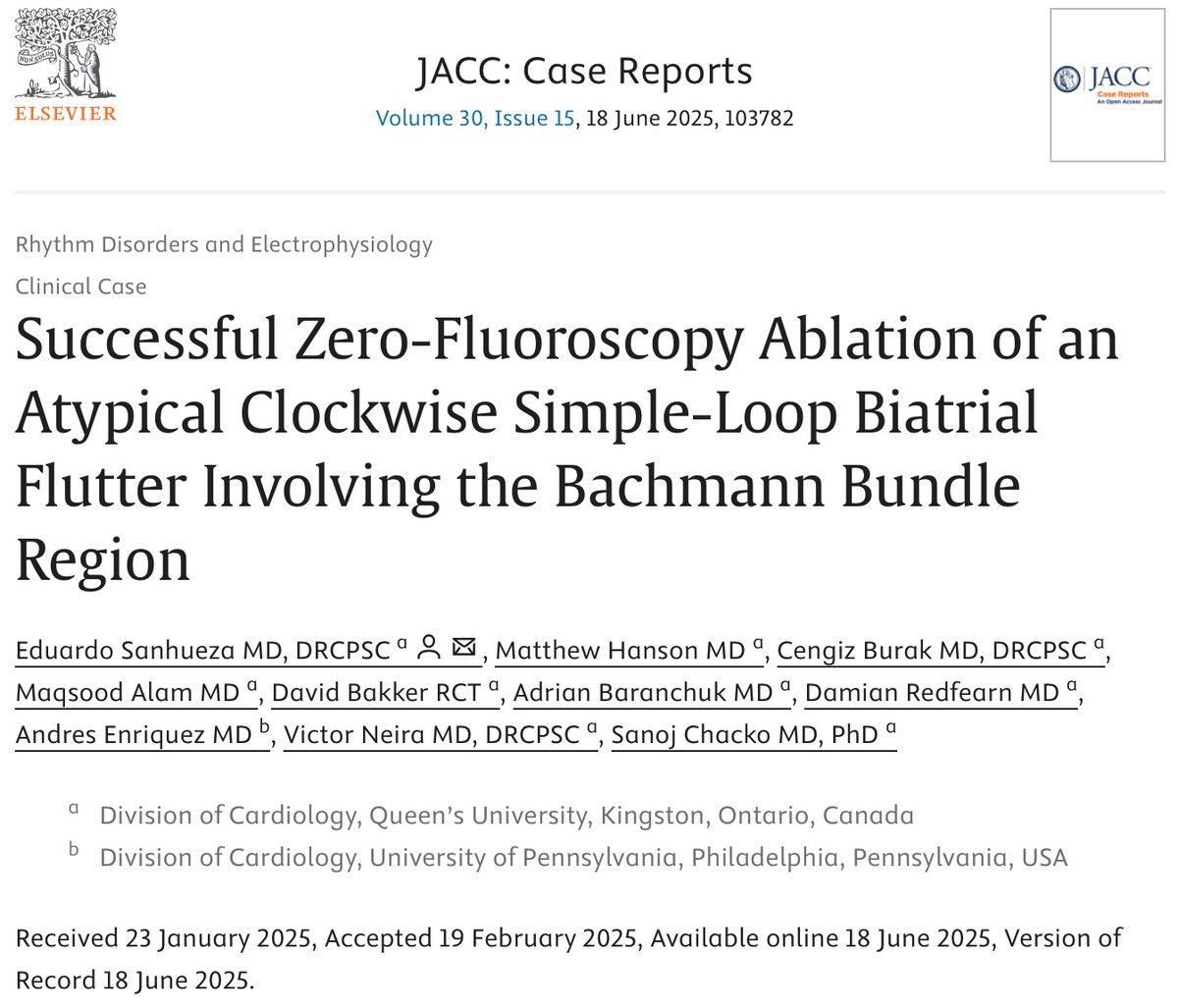 Dear all,

I'm pleased to share that our paper,

"Successful Zero-Fluoroscopy Ablation of an Atypical Clockwise Simple-Loop Biatrial Flutter Involving the Bachmann Bundle Region” has been successfully published in JACC: Case Reports.

kwnsfk27.r.eu-west-1.awstrack.me/L0/https:%2F%2…