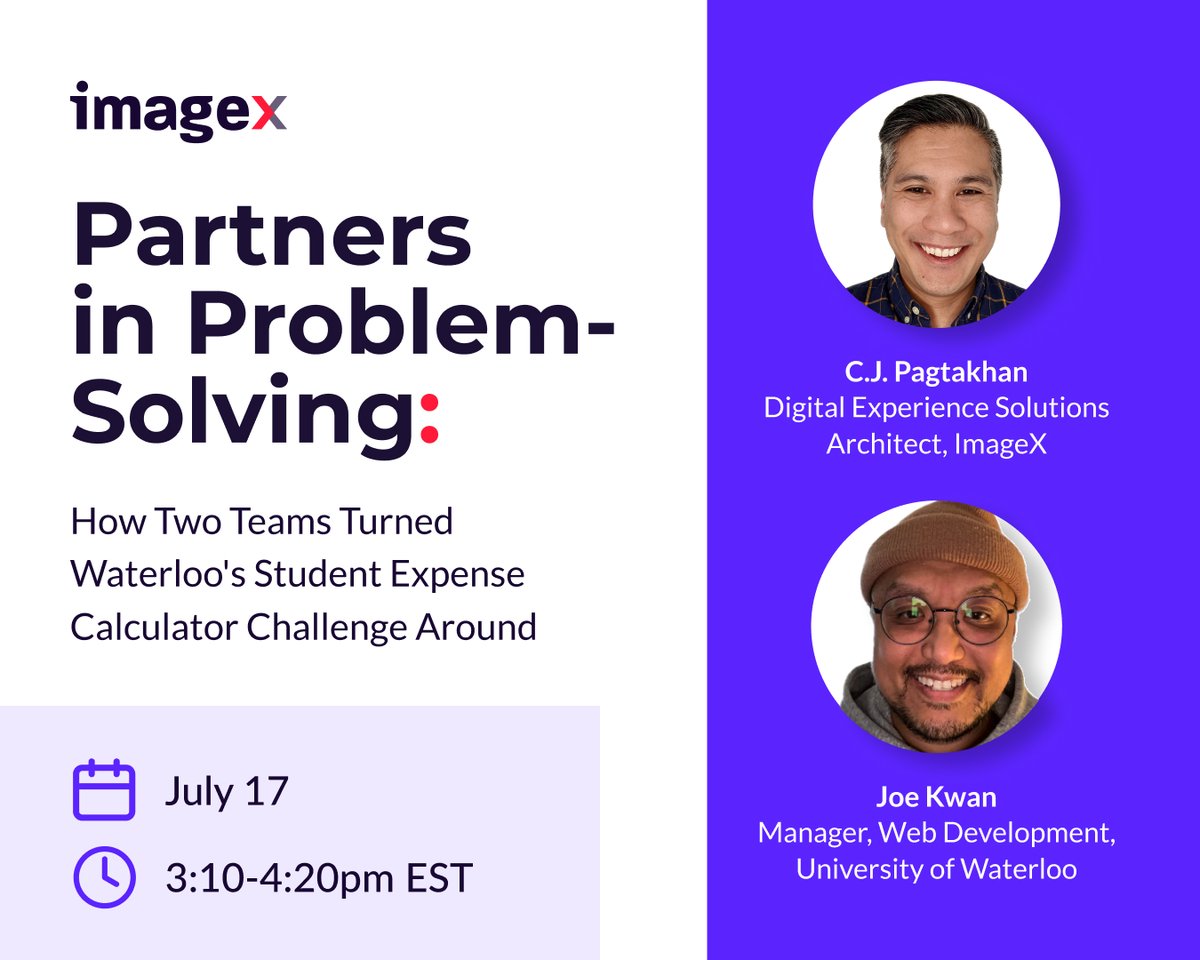 imagex_media's tweet image. Heading to #PSEWeb? Don’t miss our session on transforming Waterloo’s Student Expense Calculator! 💡
📅 July 17
⏰ 3:10–4:20pm EST
🤝 With @ImageX’s C.J. Pagtakhan + UWaterloo’s Joe Kwan

#Drupal #HigherEd #WebDesign
#HigherEd #WebDevelopment #Drupal #ImageX #UniversityOfWaterloo
