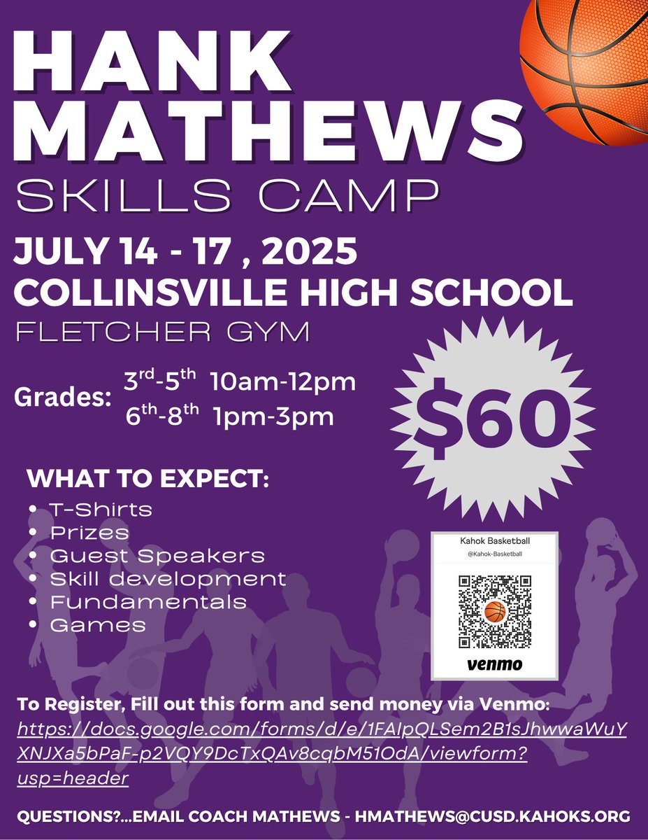 🚨 Hank Mathews Skills Camp 🚨 

Registration is now live! Can’t wait to see future Kahoks in Fletcher gym July 14th-17th! 🟣⚪️

Registration 👇
docs.google.com/forms/d/e/1FAI…