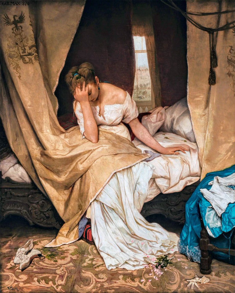 Resim,  umutsuzluk içinde bir yatakta oturan, başını ellerinin arasına almış genç bir kadını  tasvir eder. 
Yere dağılmış çiçekler  masumiyet kaybı, aşkta hayal kırıklığı gibi temaları akla getiriyor 
1870 tarihli Ressam Gabriel (Cornelius Ritter) von Max
resmin adı "Çiçek Açmayı