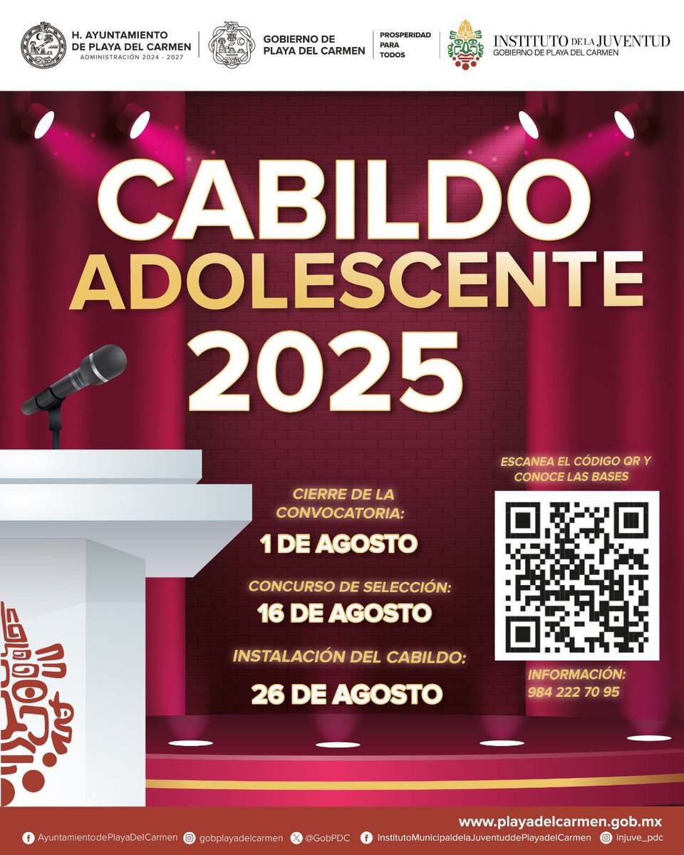 ¡Convocatoria abierta para el #CabildoAdolescente2025!

Si tienes entre 12 y 17 años, esta es tu oportunidad para participar y hacer oír tu voz en #PlayaDelCarmen

Cierre: 1 de agosto
Concurso: 16 de agosto
Instalación: 26 de agosto

📲 Info: 984 222 7095