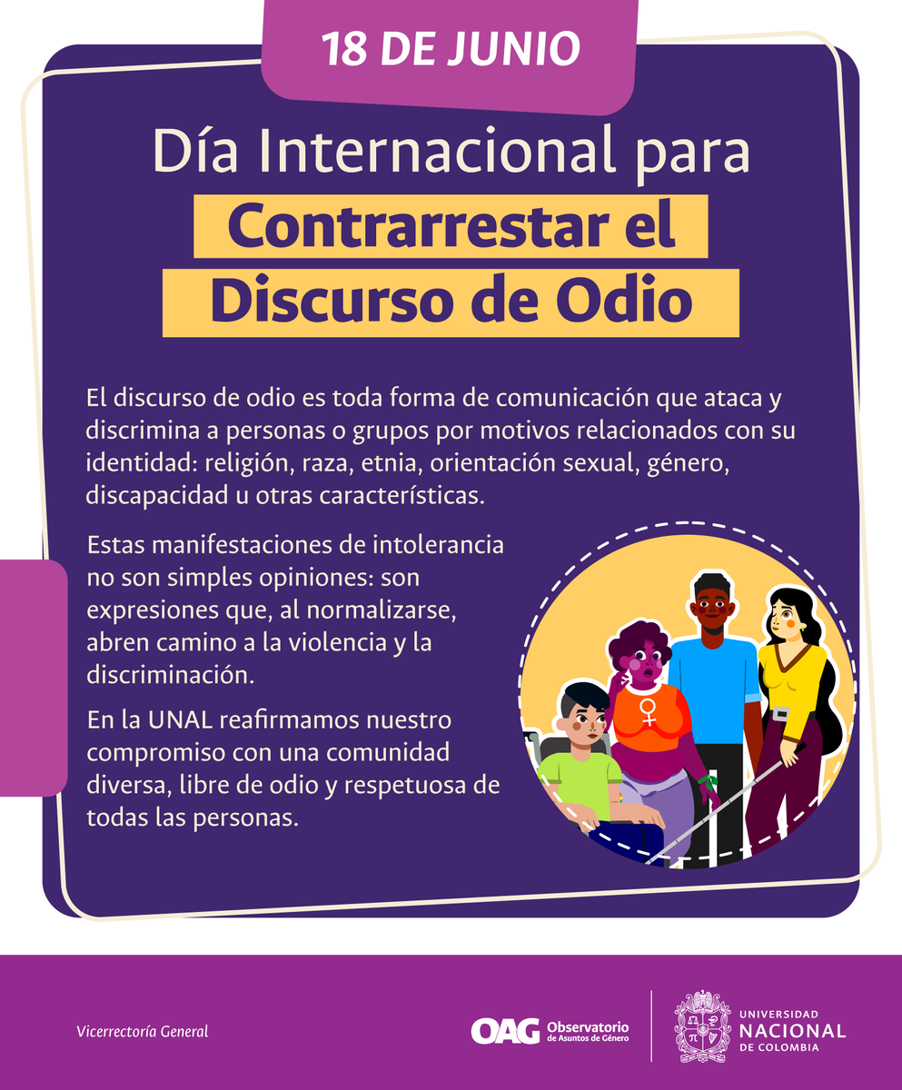 #SomosAsuntosdeGenero 💜 El odio no es una opinión. Es una forma de violencia que discrimina, excluye y pone en riesgo vidas. 

En la UNAL reafirmamos nuestro compromiso con una comunidad diversa, libre de odio y respetuosa de todas las identidades ✊🏽🏳️‍⚧️🏳️‍🌈 

#SomosUNAL