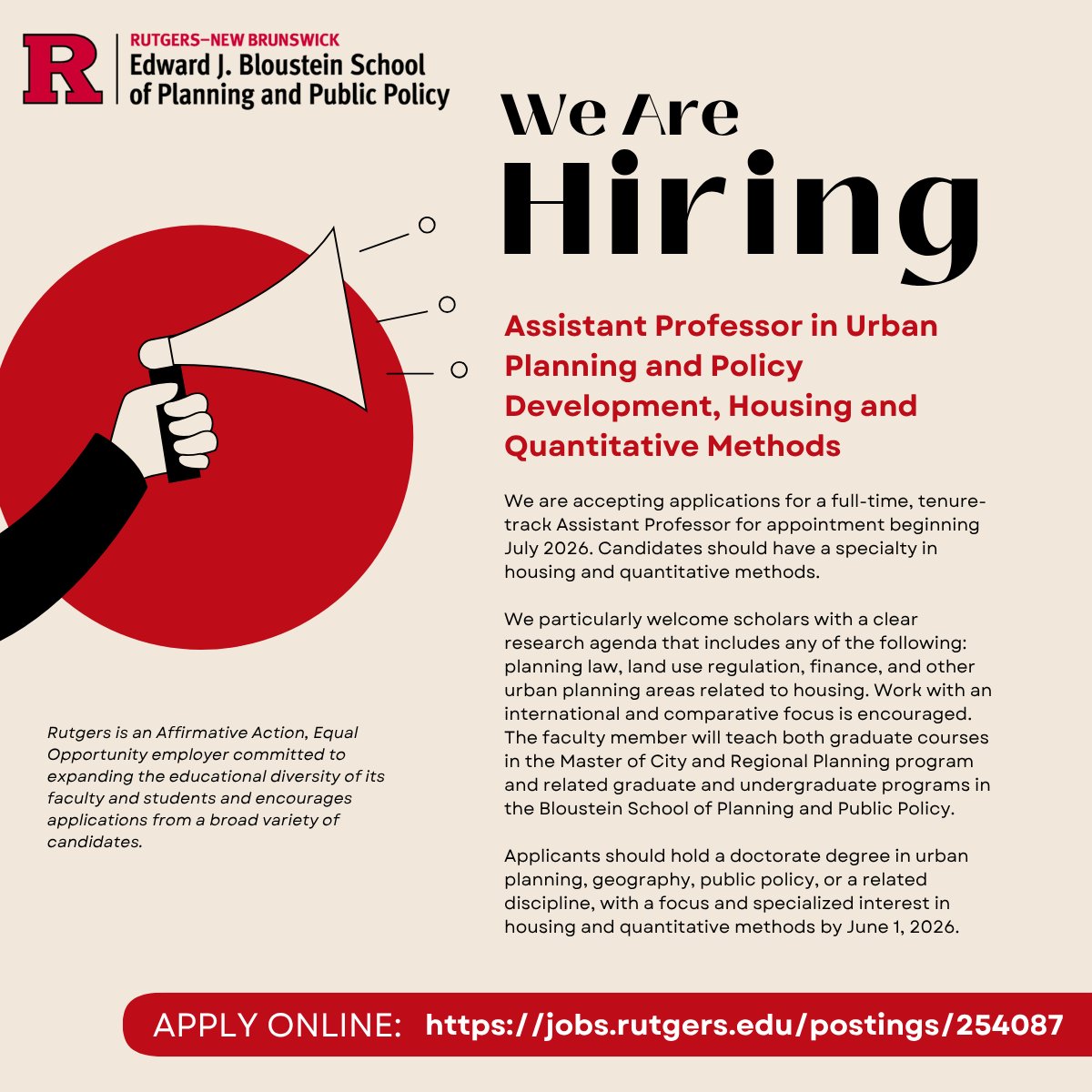 blousteinschool's tweet image. @blousteinschool seeks to hire a full-time, tenure-track Assistant Professor for appointment beginning July 2026. Candidates should have a specialty in #urbanplanning #housing and #quantitativemethods and/or #planninglaw #landuse #finance. To apply visit jobs.rutgers.edu/postings/254087