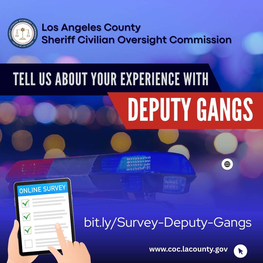 If you've encountered suspected members of a deputy gang in the LA County Sheriff's Dept, take this survey by July 15. 

We're trying to delve into LA County residents' experiences with deputy gangs and checking LASD's responsiveness to their concerns. 

bit.ly/Survey-Deputy-…