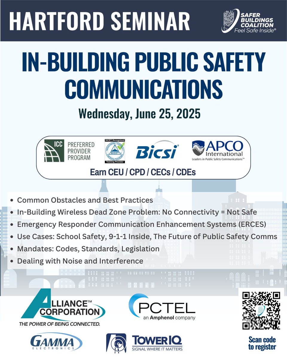 We’re gathering for another seminar in public safety communications and in-building wireless systems. If you’re a building professional, AHJ, or integrator, this is your chance to register now:
🔗 hubs.ly/Q03rJ0qX0

#FeelSafeInside #911Inside #PublicSafety #WirelessCoverage