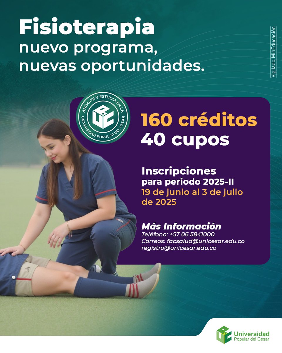 UnipopularCesarOficial (@unicesaroficial) on Twitter photo Nuevo programa de
Fisioterapia en la <a href="/UnicesarOficial/">UnipopularCesarOficial</a>
✓ 10 semestres | 160 créditos | Presencial
✓ 40 cupos disponibles
✓ Inscripciones: 19 de junio al 3 de julio (2025-II)
✓ facsalud@unicesar.edu.co | registro@unicesar.edu.co
<a href="/Mineducacion/">MinEducación</a> <a href="/RoberRomeroR/">Rober Romero Ramirez</a> Nuevo programa de
Fisioterapia en la <a href="/UnicesarOficial/">UnipopularCesarOficial</a>
✓ 10 semestres | 160 créditos | Presencial
✓ 40 cupos disponibles
✓ Inscripciones: 19 de junio al 3 de julio (2025-II)
✓ facsalud@unicesar.edu.co | registro@unicesar.edu.co
<a href="/Mineducacion/">MinEducación</a> <a href="/RoberRomeroR/">Rober Romero Ramirez</a>