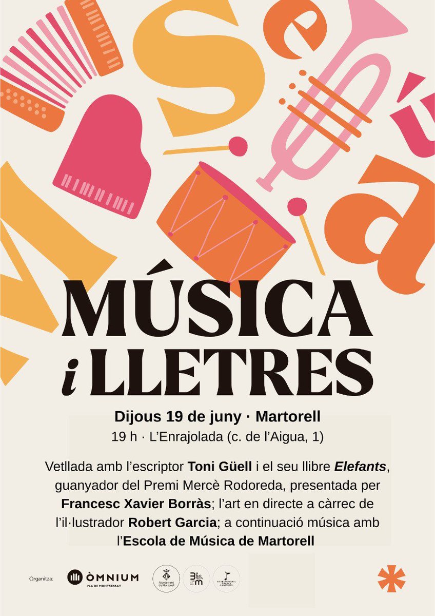 📆🐘 'Música i lletres' amb #ToniGüell, autor del llibre #Elefants! Serà aquest dijous dia 19 de juny:

⏱️ A les 19h
📍A L'Enrajolada, #Martorell
🗣️ Amb Francesc Xavier Borràs i Robert Garcia 
🎵 Escola de música de Martorell

➡ Us hi esperem!
<a href="/Grup62/">Grup62</a>
<a href="/omnium/">Òmnium Cultural</a>