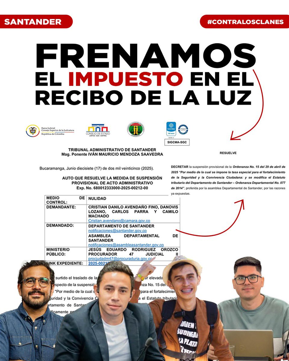 Santandereanos logramos suspender el cobro del impuesto en el recibo de la luz!! La justicia nos dió la razón, les acabamos de ahorrar más de doscientos mil millones de pesos que querían quitarles de sus bolsillos, esta luche sigue porque Juvenal no se va a quedar quieto