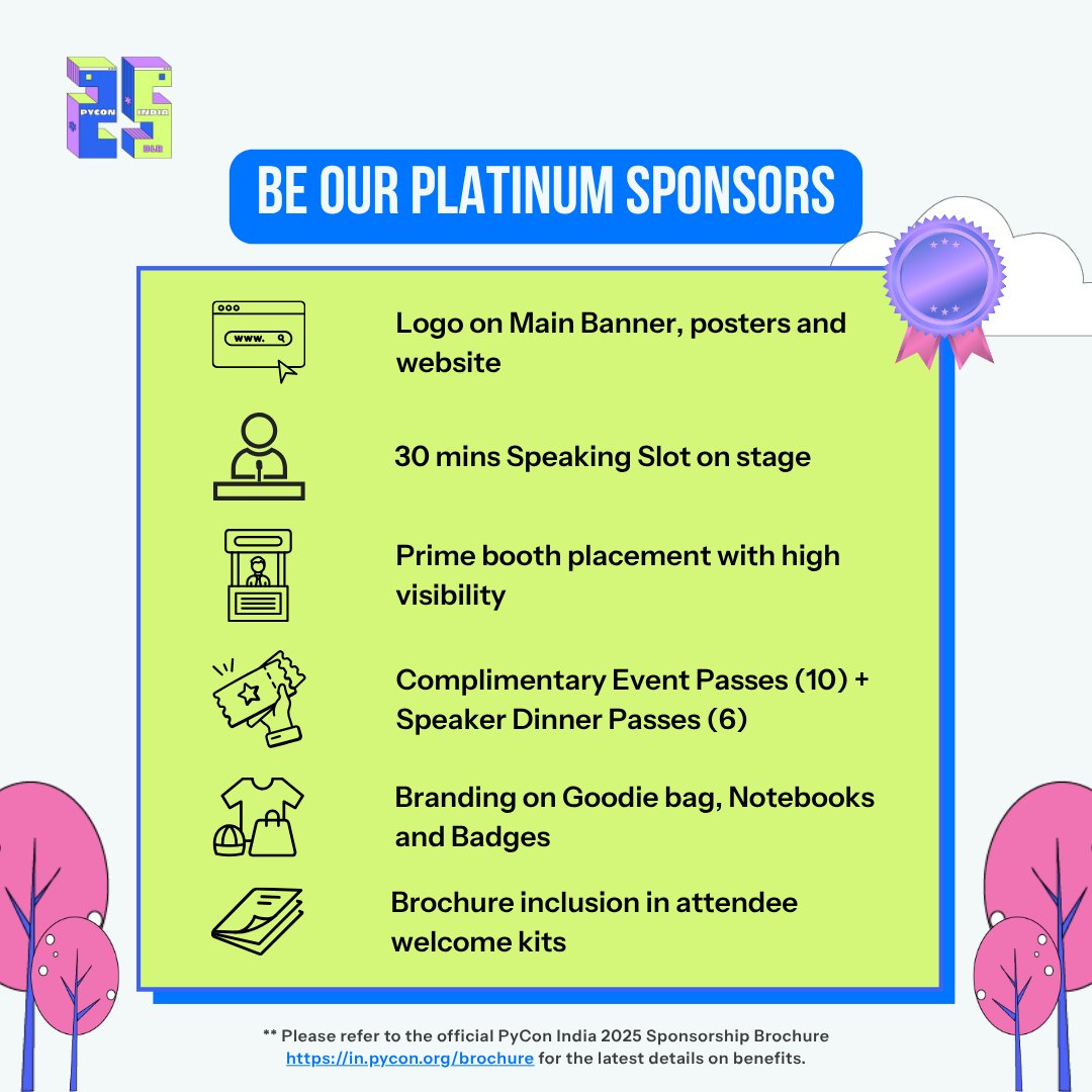 pyconindia's tweet image. Your brand, center stage, more eyes, maximum impact. 💪
Shine like a bright star with Platinum Sponsorship at #PyConIndia2025! 🌟
Make your brand unmissable 🔥
