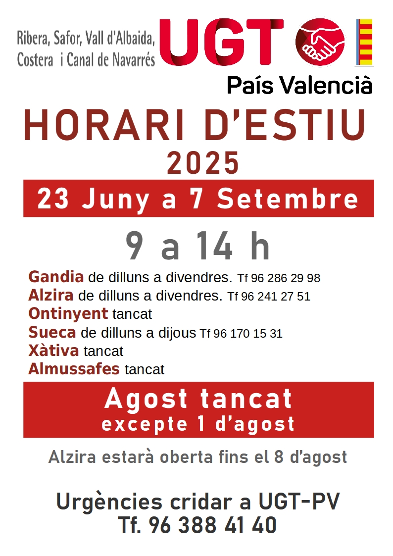 ☀️🏖 A la setmana que ve comencem l'horari d'estiu de #UGTPV Comarcal, us passem tota la informació 

Bon estiu¡¡
 
#conugtganamos
#ambugtguanyem