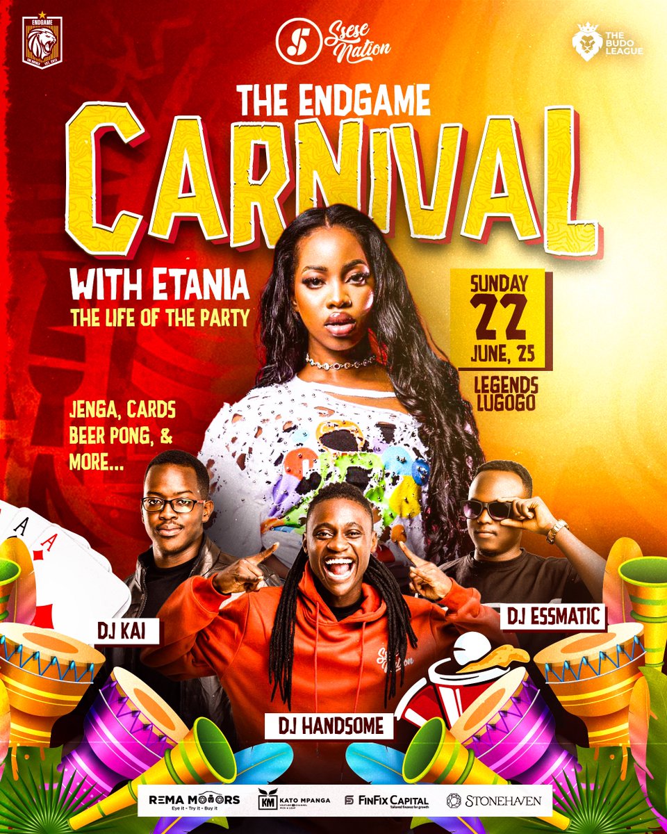 The Budo League (@thebudoleague) on Twitter photo This Sunday, the <a href="/end_game13/">𝐄𝐧𝐝𝐆𝐚𝐦𝐞'𝟏𝟑</a> Carnival is coming to town!🪩
.<a href="/forever_etania/">Life Of The Party🎬</a> takes the stage, with <a href="/__DJKai/">DJ Kai</a>, @DJEssmatic and <a href="/deejayhandsome/">Enenche Charles</a> providing the soundtrack for the day!🎛️
Don't just hear about it, be there 😌
#TBL8 | #FinalBend | #MangoPower | <a href="/SseseNation/">Ssese Nation</a> This Sunday, the <a href="/end_game13/">𝐄𝐧𝐝𝐆𝐚𝐦𝐞'𝟏𝟑</a> Carnival is coming to town!🪩
.<a href="/forever_etania/">Life Of The Party🎬</a> takes the stage, with <a href="/__DJKai/">DJ Kai</a>, @DJEssmatic and <a href="/deejayhandsome/">Enenche Charles</a> providing the soundtrack for the day!🎛️
Don't just hear about it, be there 😌
#TBL8 | #FinalBend | #MangoPower | <a href="/SseseNation/">Ssese Nation</a>