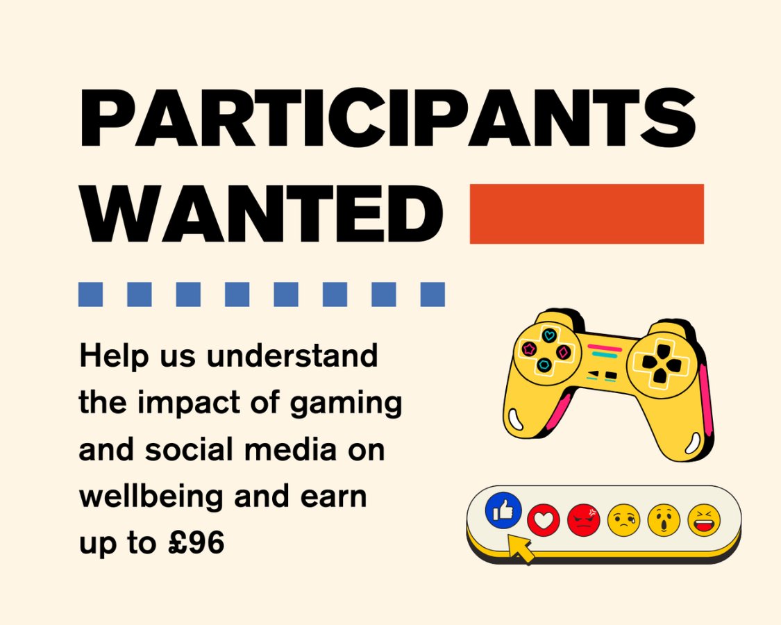 VOLUNTEER CALL: The Oxford Internet Institute is studying how gaming &amp; social media use affect wellbeing.

We are looking for participants aged 18–36 (ideally in Oxford) to take part. 
Eligible participants can earn up to £96.

Learn more and sign up here
oii.qualtrics.com/jfe/form/SV_3L…