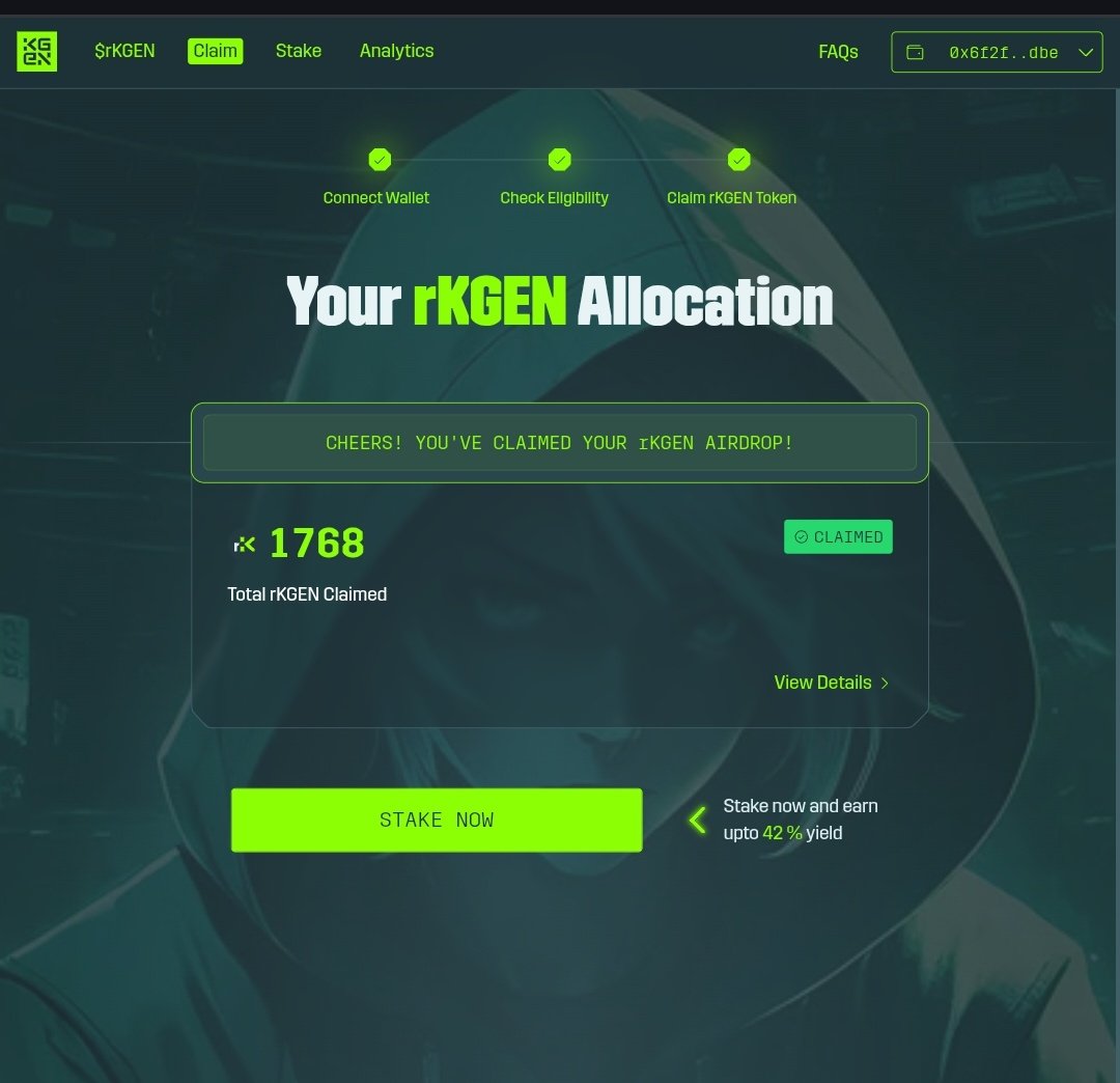 Claimed 1768 $rKGEN as part of the OG Tribe during the Phase 0 claim.💥
<a href="/KGeN_Community/">KGeN Community</a> <a href="/KGeN_IO/">KGeN 🟩</a>
🔥 Thanks to the team that puts community first  <a href="/ishank20/">Ishank Gupta</a> <a href="/AtmostF/">AtmostFear</a> <a href="/sahil_khalifa97/">Sahil Khalifa</a> <a href="/manishdiesel/">Manish | HumynLabs; KGeN</a>
Now I am excited for the rewards in the upcoming Phases .🔥