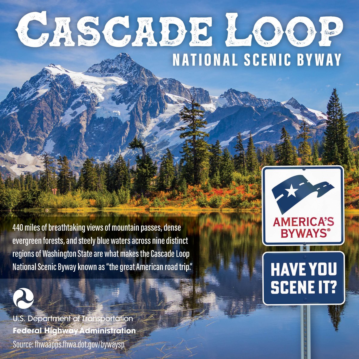 Have you SCENE it? 

Planning a #GreatAmericanRoadTrip this summer?  

Washington State offers 440 miles of breathtaking sights, including mountain passes, dense evergreen forests, and steely blue waters. In fact, these views led the Cascade Loop National Scenic Byway to become