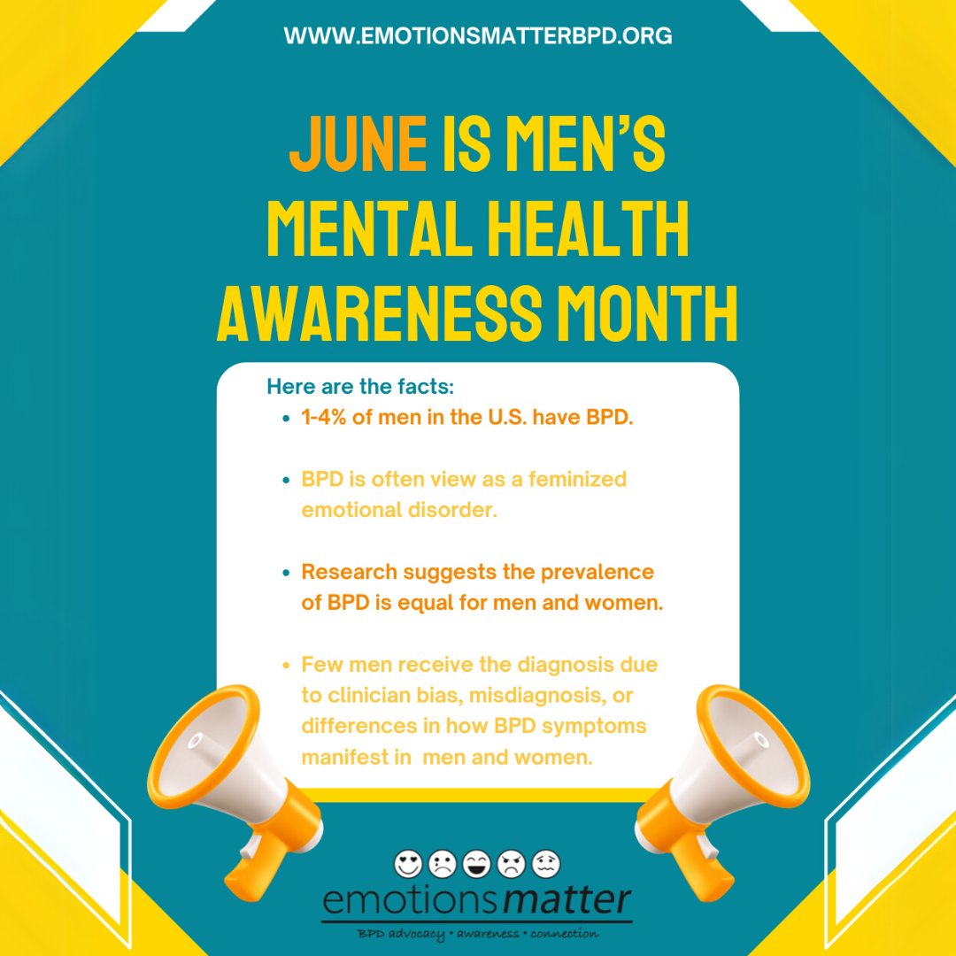 embpd's tweet image. June is Men's Mental Health Month. Did you know research suggests the prevalence of BPD is equal in men and women, but BPD can be mistakenly viewed as a feminized emotional disorder? Check out our peer support group for men: emotionsmatterbpd.org/bpd-mens-suppo… #mensmentalhealth #peersupport
