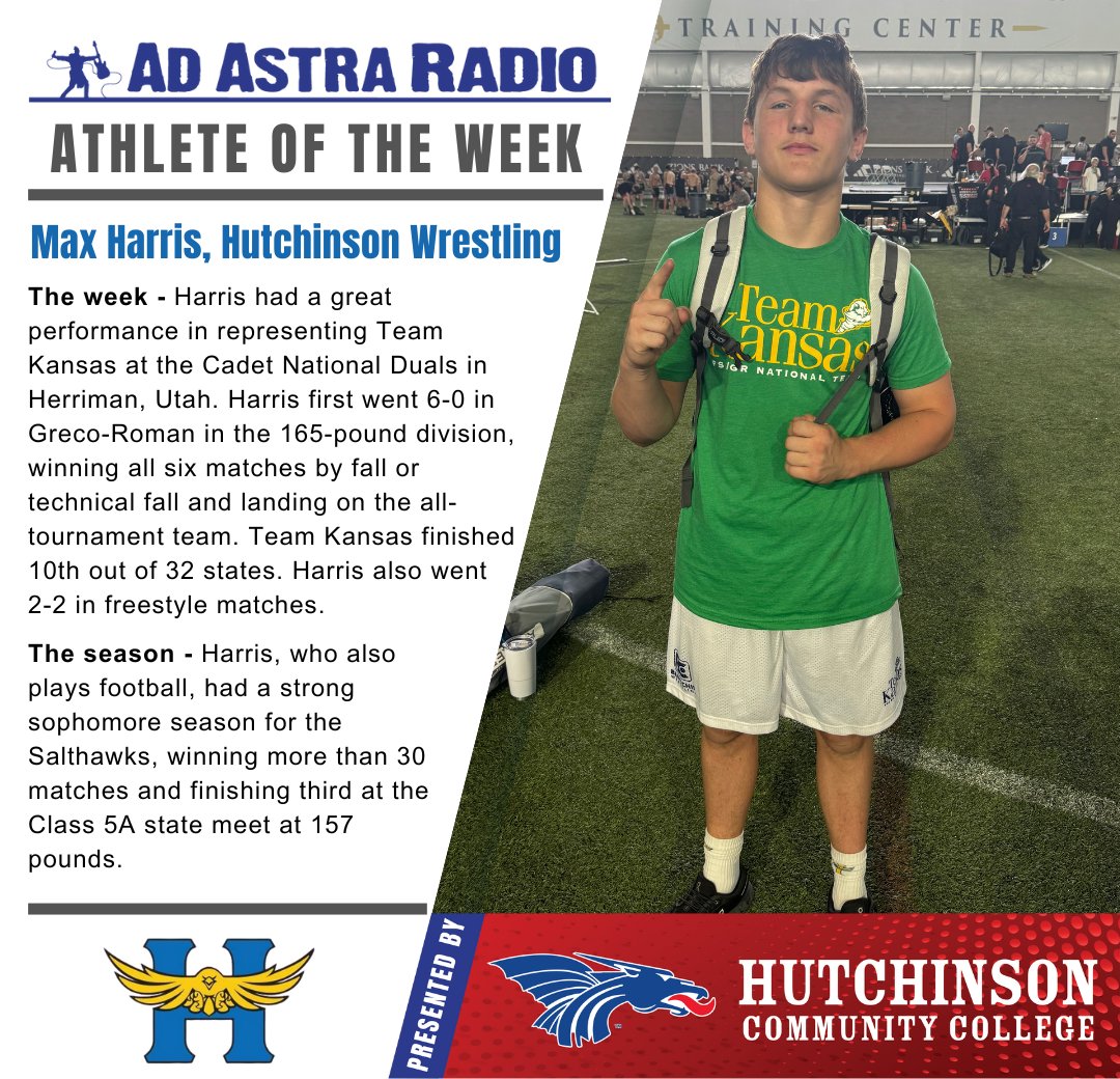 🎉Ad Astra Radio is proud to announce Hutchinson High School sophomore Max Harris as this week's Athlete of the Week!

Ad Astra Radio's AOTW is presented by Hutchinson Community College. Read more at adastraradio.com/athlete-of-the…

#AOTW #SalthawkAthletics #AdAstraRadio #HutchCC