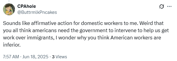 Imagine playing dumb by pretending not to understand variable economic value, so you can act like it's the people defending the American working class that think less of the American working class.