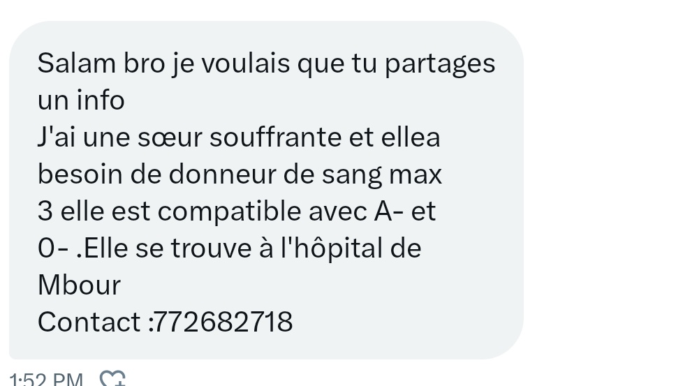 KiliFeuu's tweet photo. 📌 Urgent 🚨🚨🚨 Besoin de donneurs de sang pour une patiente à Mbour 
Rt apprécié 🙌🙌