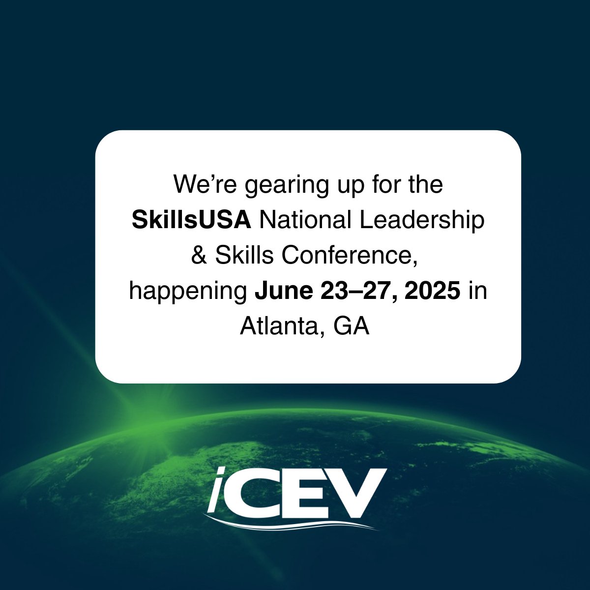 🎉 The countdown is ON! 🎉
iCEV is headed to #SkillsUSA to celebrate with:

✅ On-site certification testing - bit.ly/40axgJE
🤖 Robotics #STEM session – June 25 @ 1:30PM (Room A304)
📍 Booth 858 – Let’s talk CTE!

See you in Atlanta!
#CTE #TheWorldNeedsCTE