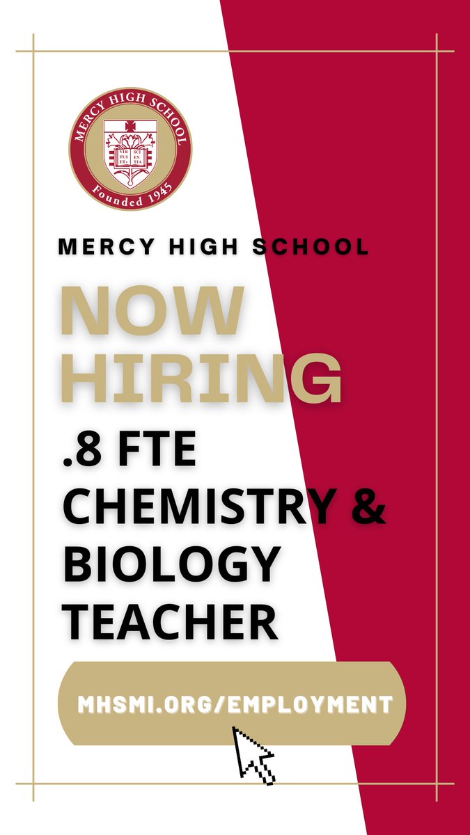 Mercy High School MI (@mercyhighmi) on Twitter photo We are hiring! Mercy High School is now accepting applications for a .8 FTE Chemistry/Biology Teacher. Visit mhsmi.org/employment for position description, requirements, and application procedure. We are hiring! Mercy High School is now accepting applications for a .8 FTE Chemistry/Biology Teacher. Visit mhsmi.org/employment for position description, requirements, and application procedure.