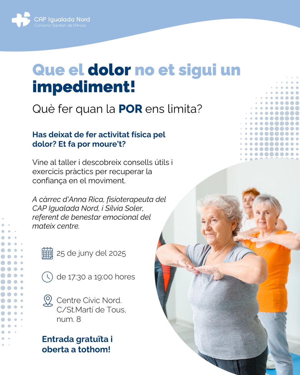 🤔 Has deixat de fer activitat física pel dolor? Et fa por moure’t? Vine i descobreix com recuperar la confiança en el moviment. 

📅  Dimecres 25 de juny
🕠  De 17:30 a 19:00 hores
📍 Centre Cívic Nord (Igualada)
✅ Gratuït i obert a tothom!

Més informació 👇