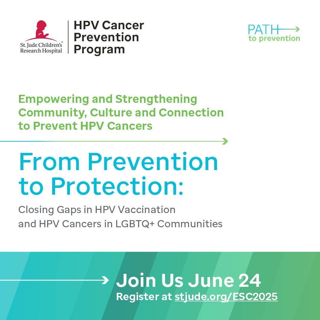 The St. Jude Cancer Prevention Program will host a virtual seminar, From Prevention to Protection: Closing Gaps in HPV Vaccination and HPV Cancers in LGBTQ+ Communities, on Tuesday, June 24, from 12:00 to 1:15pm CT. buff.ly/F2lrMez